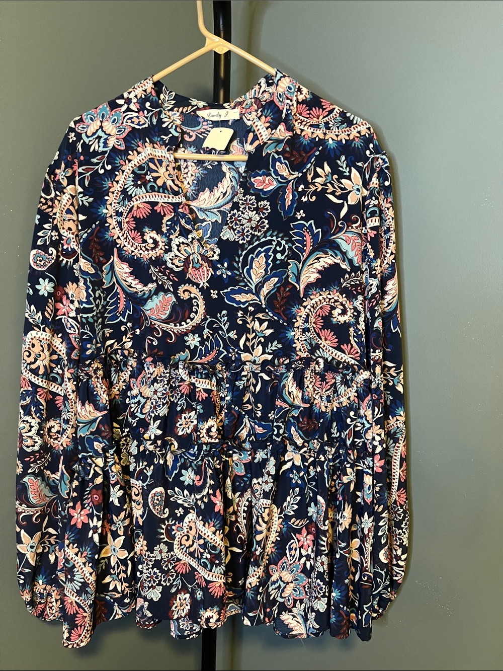 Lush Navy Paisley Peplum Tunic with Pink & Cream Accents